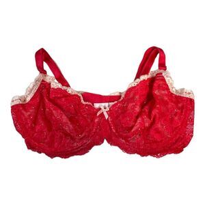 Victoria’s Secret Womens 38D Unlined Demi Bra Red Beige Lace Underwire Push Up